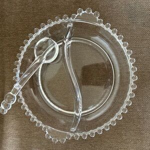 Imperial Candlestick Clear Glass  Divided Beaded Edge Dish With Matching Spoon